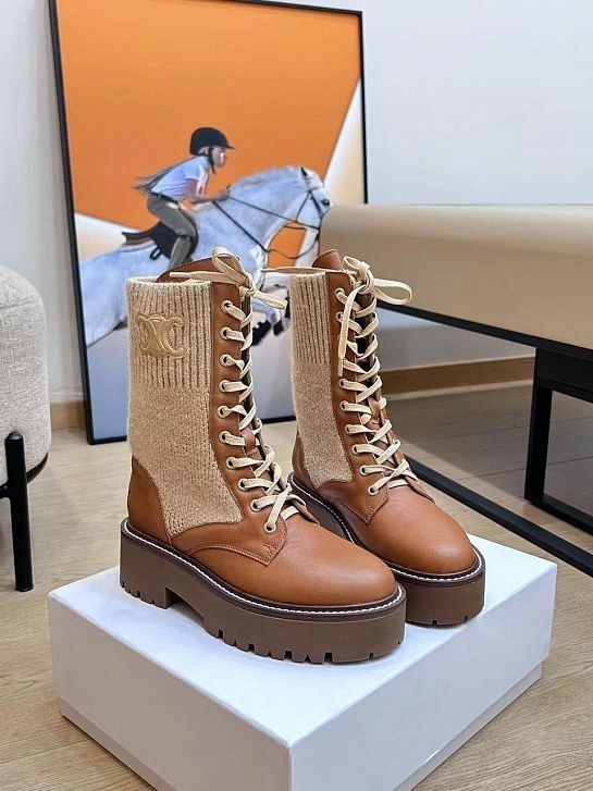 Женские комбинированные ботинки Celine Premium - Brown