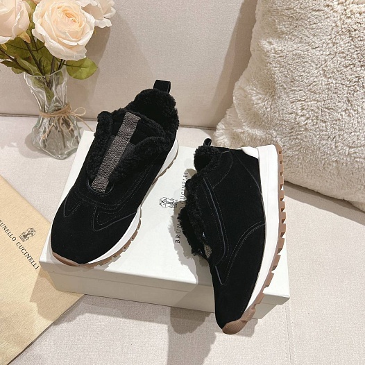 Женские замшевые кроссовки с мехом Brunello Cucinelli Premium   