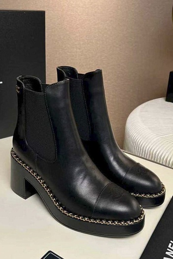 Женские кожаные сапоги Chanel premium - Black   