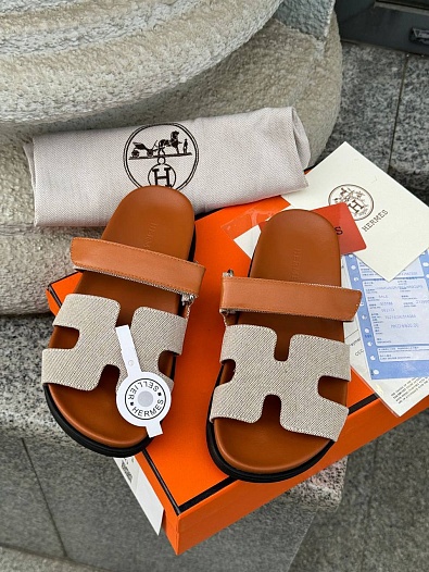 Женские кожаные сандалии Hermes Chypre - Brown / Beige   