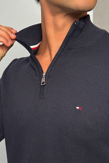 Тёмно-синий джемпер Tommy Hilfiger Zip Neck logo-embroidered   