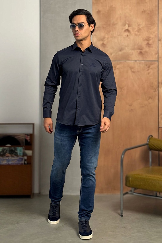 Мужская тёмно-синяя рубашка Loro Piana logo-embroidered