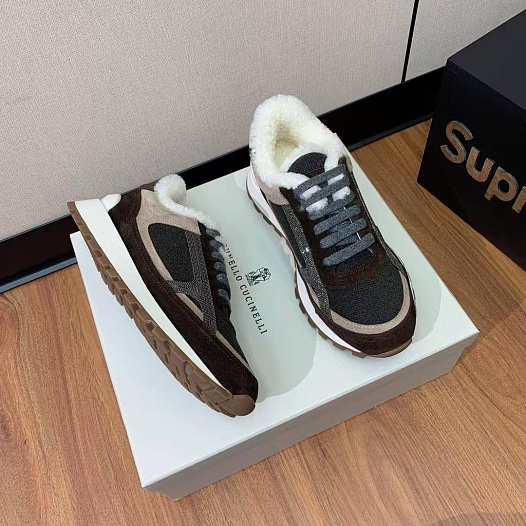 Женские замшевые кроссовки с мехом Brunello Cucinelli premium   