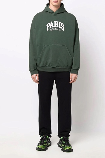 Зелёное худи Balenciaga Paris logo-embroidered   