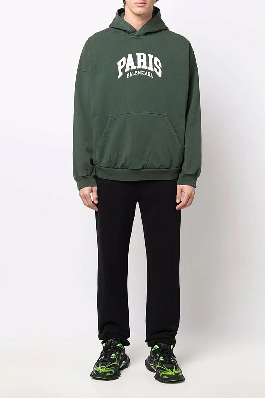 Зелёное худи Balenciaga Paris logo-embroidered