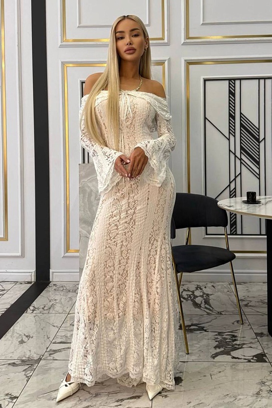 Кружевное женское платье с открытыми плечами MIU MIU
