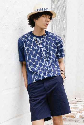 Мужская синяя футболка Louis Vuitton Premium Fishnet Monogram   