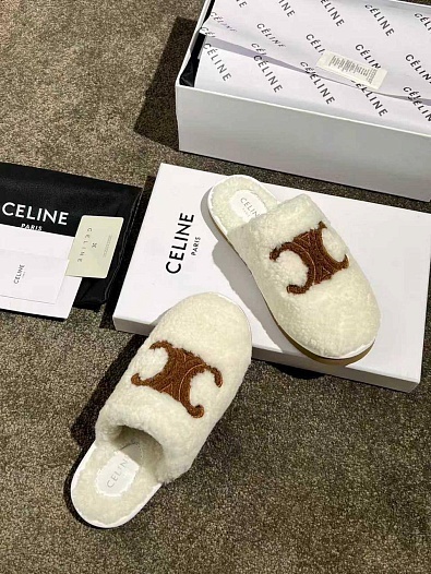 Женские меховые шлёпанцы Celine Triomphe premium   