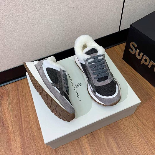 Женские замшевые кроссовки с мехом Brunello Cucinelli premium   