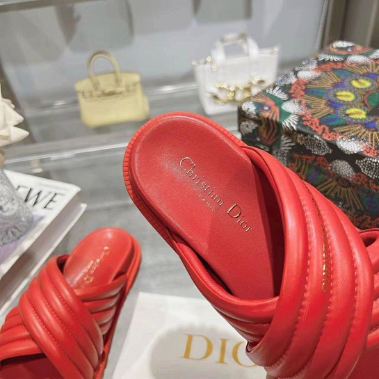 Женские кожаные шлёпанцы Dior D-Cross - Red