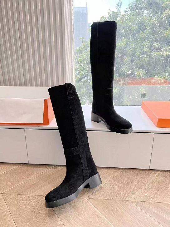 Женские замшевые сапоги Hermes Premium - Black