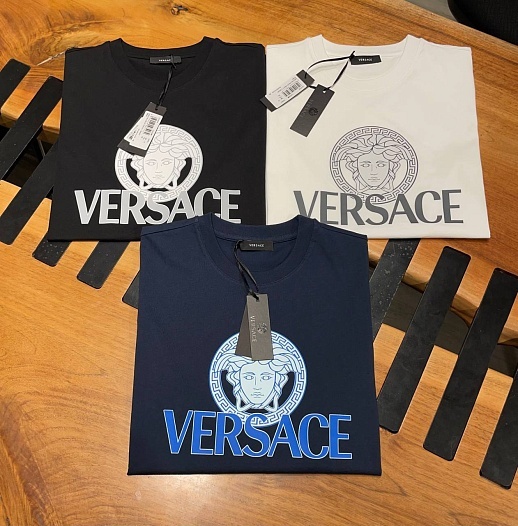 Мужская тёмно-синяя футболка Versace Medusa logo-print   