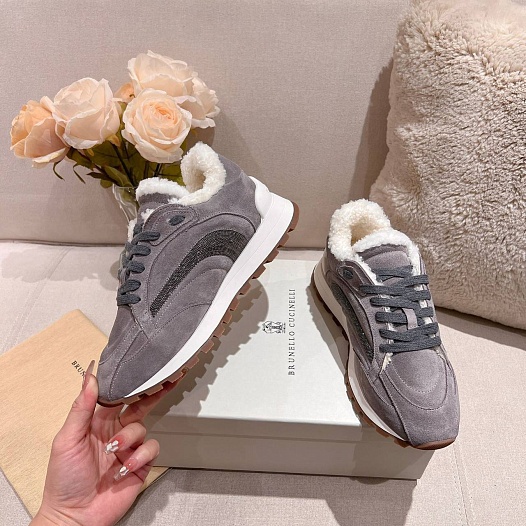 Женские замшевые кроссовки с мехом Brunello Cucinelli Premium   