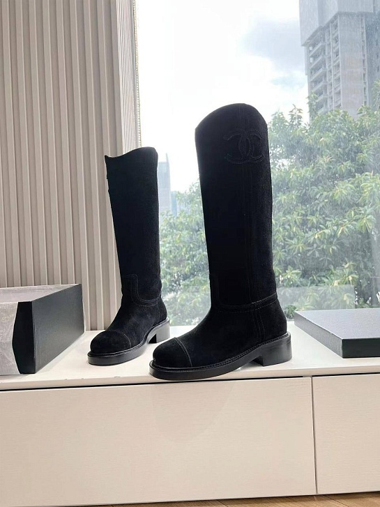 Женские замшевые сапоги Chanel Premium - Black