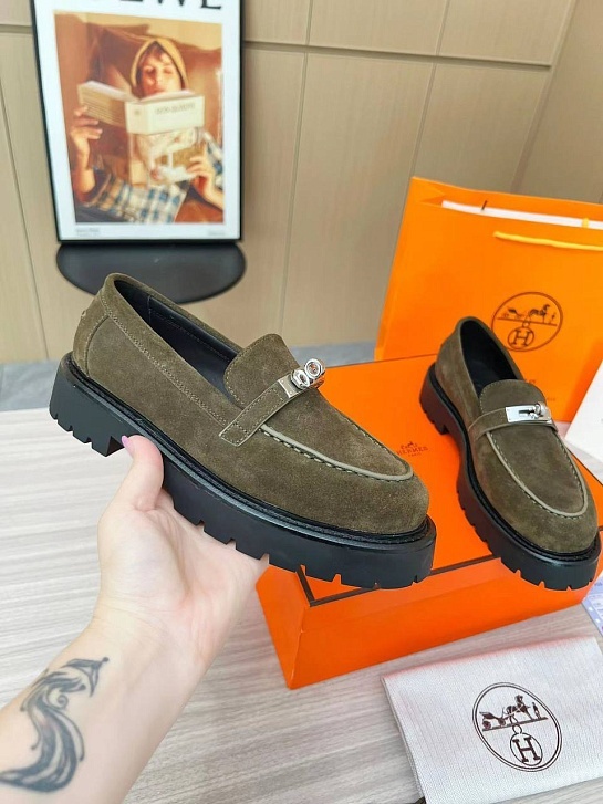 Женские замшевые лоферы Hermes Premium - Green