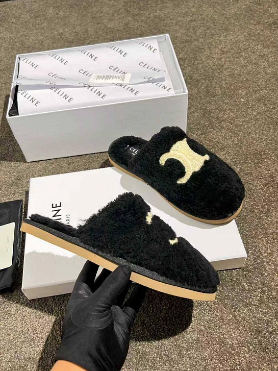 Женские меховые шлёпанцы Celine Triomphe premium