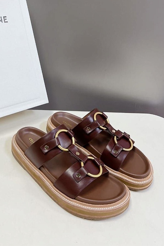 Женские кожаные шлёпанцы Celine Tippi - Brown