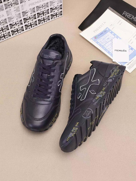 Кожаные кроссовки с мехом Premiata low-top - Navy