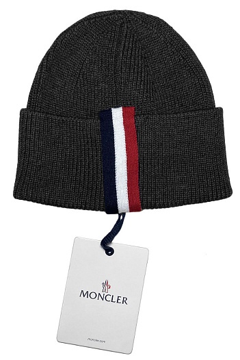 Брендовая шапка Moncler тёмно-серого цвета   