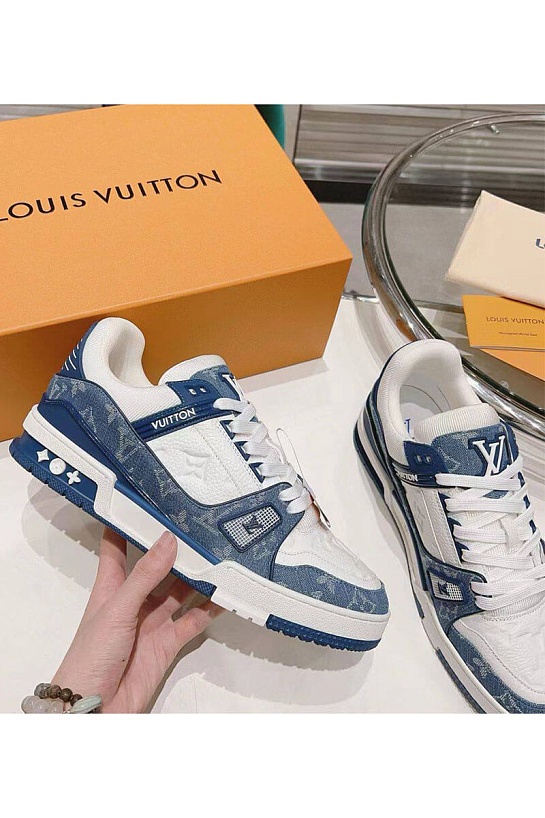 Женские кожаные кроссовки Louis Vuitton Trainer Monogram - White / Blue