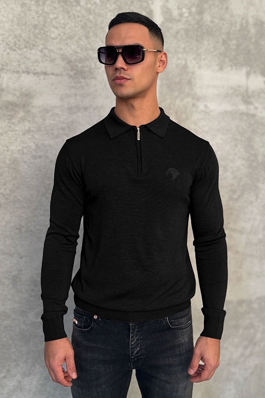 Чёрное поло с длинным рукавом Stefano Ricci zip-up