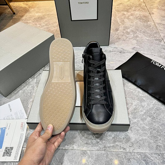 Кожаные кроссовки с мехом Tom Ford high-top - Black   