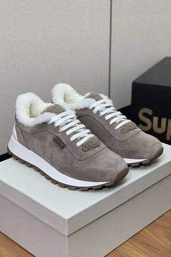 Женские замшевые кроссовки с мехом Brunello Cucinelli premium   