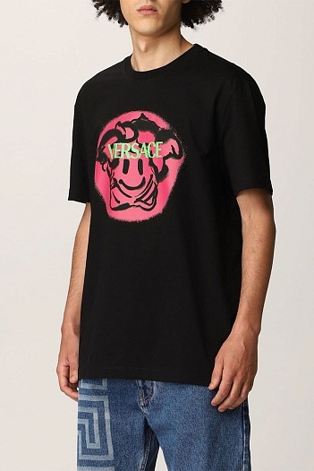 Чёрная мужская футболка Versace Medusa Smiley logo   