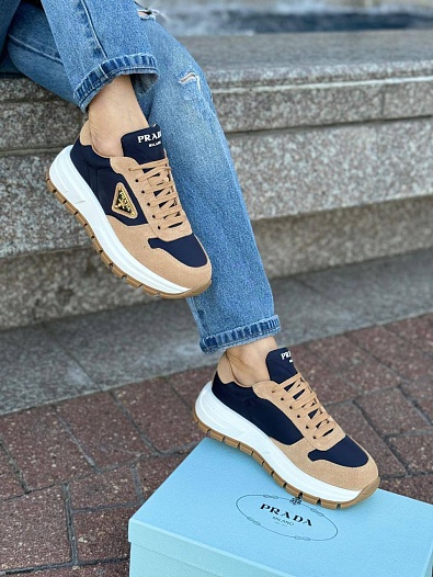 Женские комбинированные кроссовки Prada - Beige / Blue   