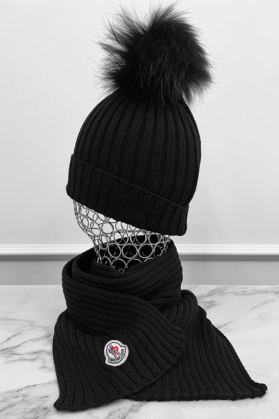 Комплект из шапки и шарфа чёрного цвета Moncler logo-patch