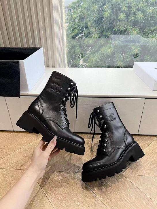 Женские кожаные ботинки с мехом Celine premium - Black