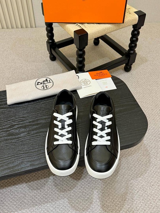 Мужские кожаные кроссовки Hermes Kid - Black