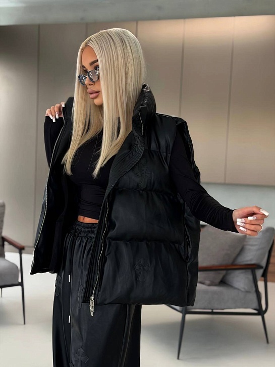 Женский пуховой жилет из эко кожи Chrome Hearts Premium
