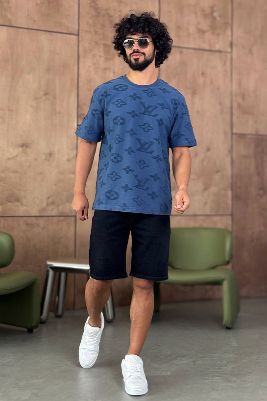 Синяя оверсайз футболка Louis Vuitton Monogram All-over