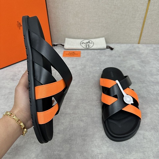 Мужские шлёпанцы Hermes Kazimir - Black / Orange   