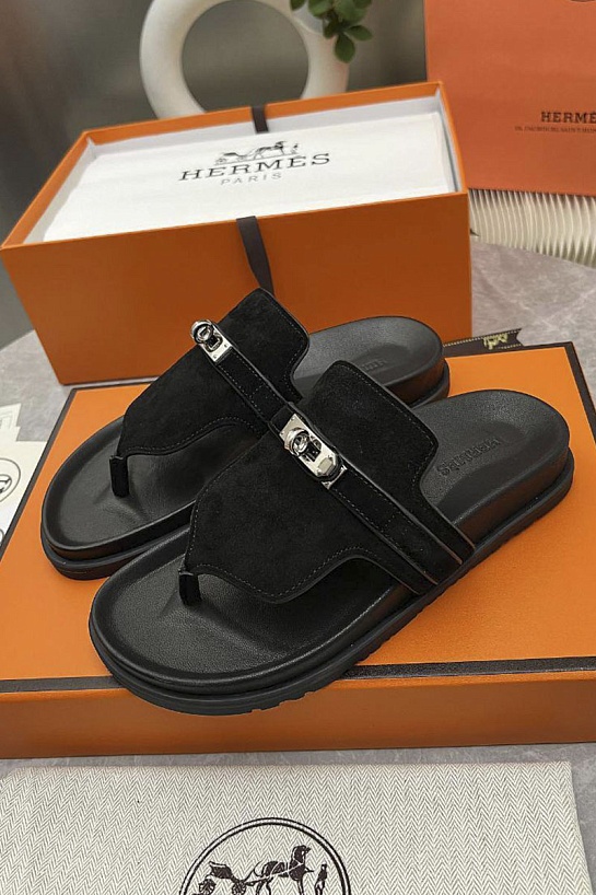 Женские кожаные шлёпанцы Hermes Empire premium