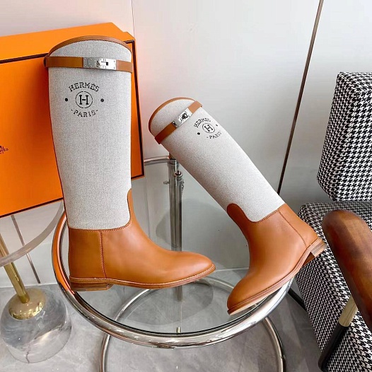Женские кожаные сапоги Hermes Premium - Brown / White   