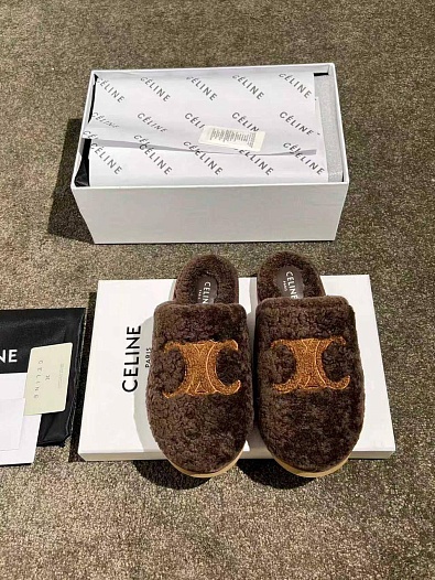 Женские меховые шлёпанцы Celine Triomphe premium   