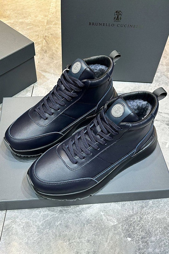 Кожаные кроссовки с мехом Brunello Cucinelli high-top - Navy