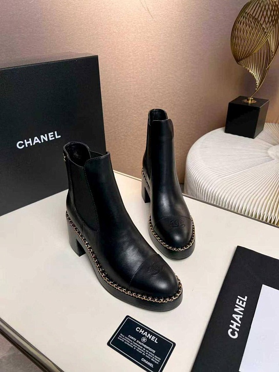 Женские кожаные сапоги Chanel premium - Black
