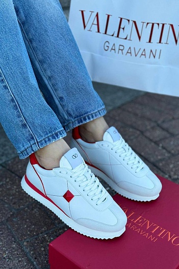 Женские кожаные кроссовки Valentino - White / Red   