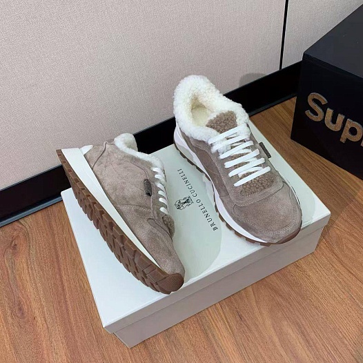 Женские замшевые кроссовки с мехом Brunello Cucinelli premium   