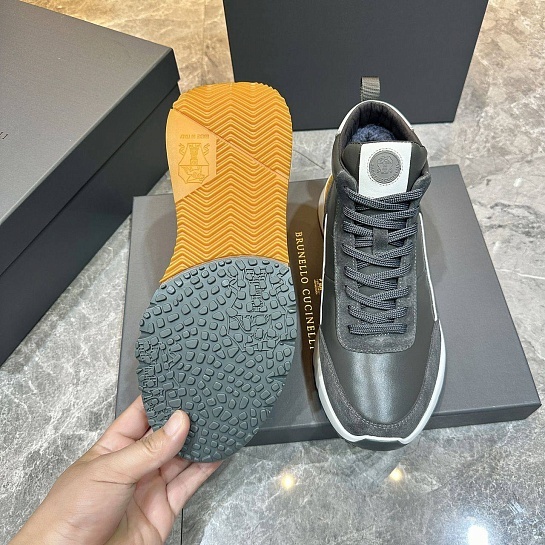 Кожаные кроссовки с мехом Brunello Cucinelli high-top - Grey