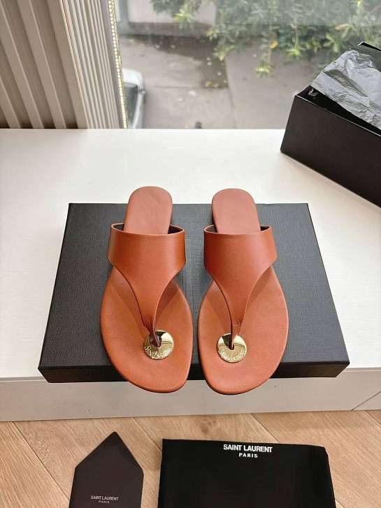 Женские кожаные шлёпанцы Yves Saint Laurent Premium - Brown