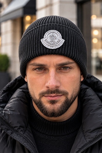 Мужская брендовая шапка Moncler тёмно-серого цвета   