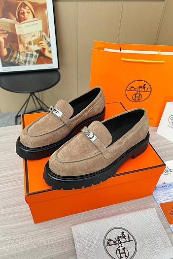 Женские замшевые лоферы Hermes Premium - Brown   