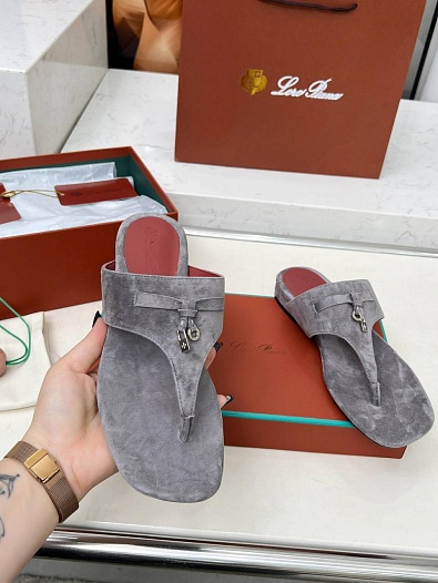 Женские замшевые шлёпанцы Loro Piana Premium - Grey   