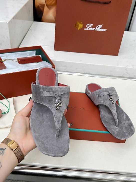 Женские замшевые шлёпанцы Loro Piana Premium - Grey