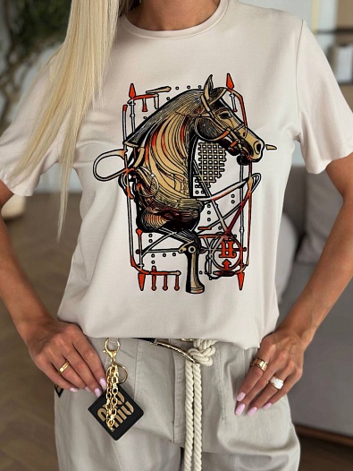 Бежевая женская футболка Hermes premium   