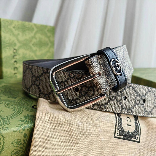 Брендовый ремень Gucci GG Monogram Beige / Silver (длина 90 см)   